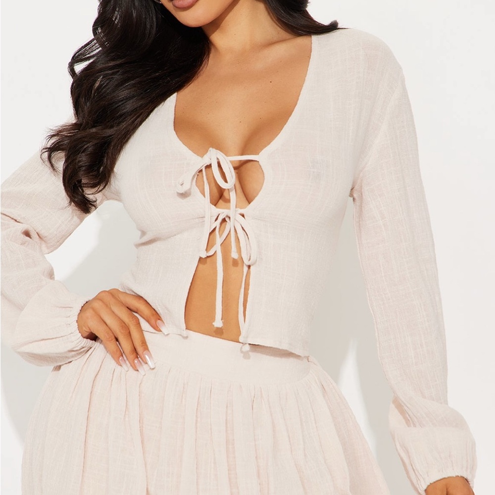 Cream Tie-Front Long Sleeve Top